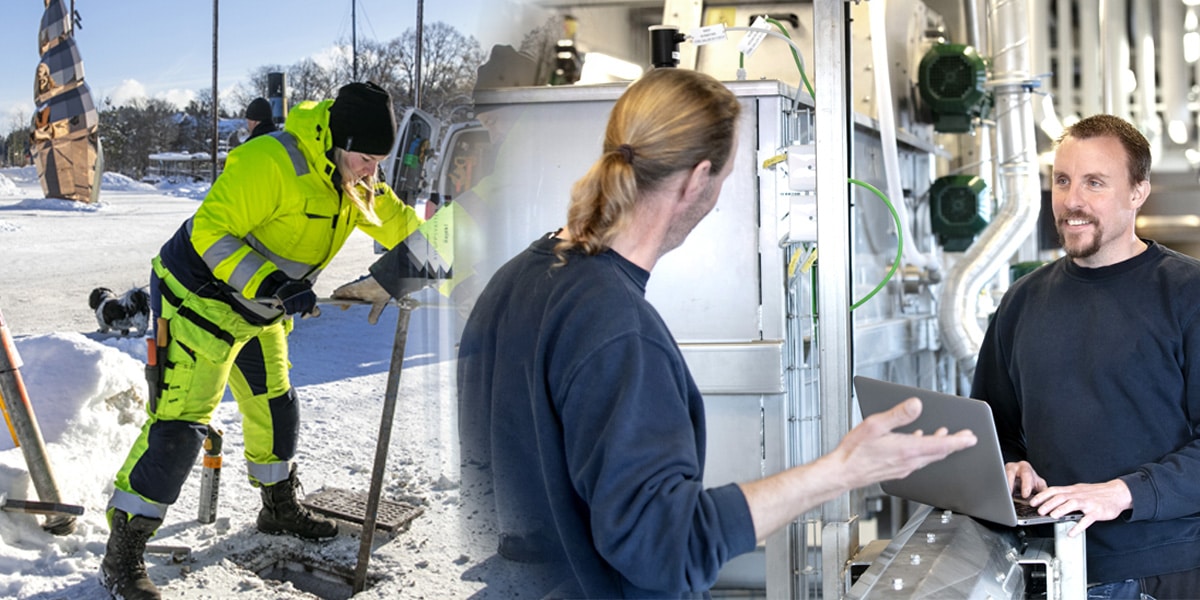 Kollage av två bilder. En kvinnlig medarbetare öppnar en ventil på ena bilden och två manliga medarbetare konverserar på ett reningsverk på den andra.
