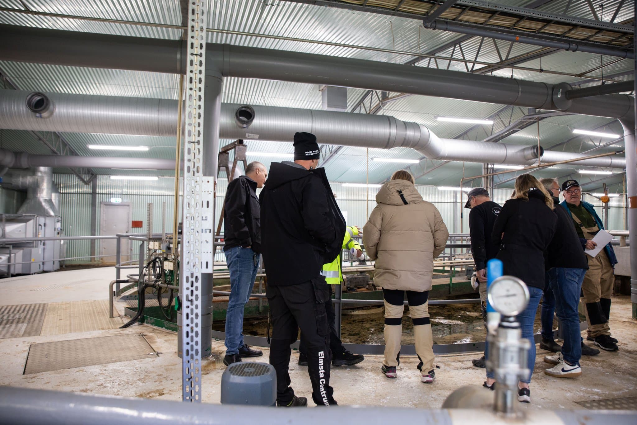 En grupp står och tittar över ett räcke i Älmsta reningsverk, mot en bassäng
