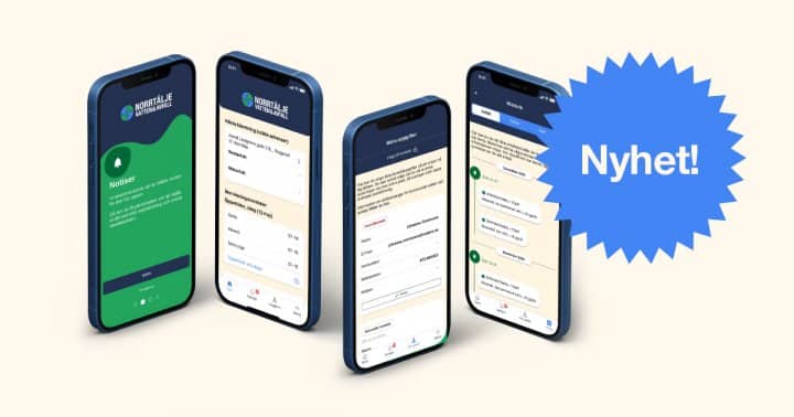 Fyra mobiler som visar notiser från en app. En blå ruta där det står Nyhet syns framför mobilerna.